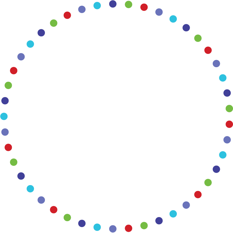 Large circular border formed by evenly spaced dots in turquoise, green, red, purple, and blue, surrounding an open center on a transparent background.