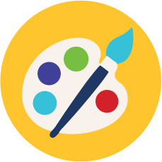 Circular yellow icon representing creative skill development, featuring a white artist’s palette with colorful paint dots in purple, green, turquoise, and red, alongside a paintbrush with a turquoise tip, symbolizing artistic expression and creativity.