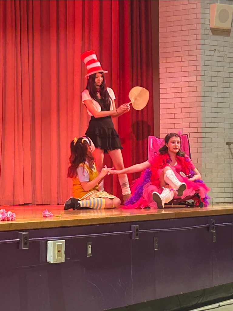 Three young performers stand on stage in colorful theatrical costumes, including one wearing a tall red and white striped Cat in the Hat hat, another dressed in yellow, and a third wearing a vibrant pink, red, and purple feathered costume.