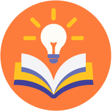 Circular orange icon representing professional development and learning, featuring an open book with white, yellow, and purple pages beneath a glowing light bulb, symbolizing knowledge, creativity, and practical skills.