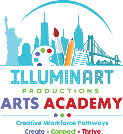 IlluminArt Productions Arts Academy logo featuring a colorful New York City skyline, Statue of Liberty, paint palette, pencil, and notebook, with the tagline “Creative Workforce Pathways” and the motto “Create • Connect • Thrive” on a transparent background.