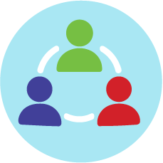 Circular light blue icon representing community networking, featuring three connected figures in green, purple, and red, with white curved lines symbolizing connection and collaboration on a transparent background.